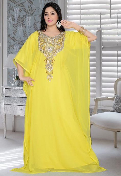 Marrige Dress, Print Maxi Dress Outfit, Light Yellow Dresses, Fabric Yellow, Machine Work, Kaftan Style, Light Work, Salwar Kameez Designs, Georgette Fabric