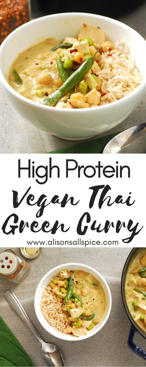 Green Curry Vegan, Vegan Thai Green Curry, Recipe Tofu, Green Bean Recipe, Chickpea Recipe, Thai Green Curry, High Protein Vegan Recipes, High Protein Vegan, Chickpea Recipes