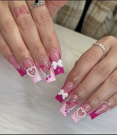 Gel X Nail Designs Short, Cute Pink Short Nails, Square Nail Designs Summer, Nails Square Design, Short Pink Nail Designs, Vintage Nail Designs, Different Design On Each Nail, Uñas Cute, Pink Nails Short