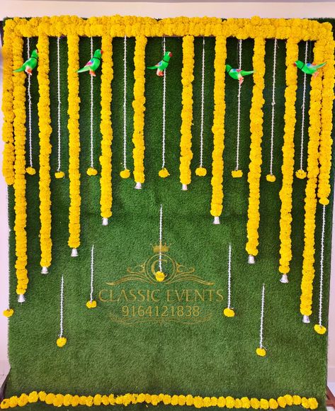 Green Background Decoration For Ganpati, Background Decoration For Ganpati, Green Grass Background Decoration, Grass Background Decoration, Green Background Decoration, Haldi Mandap, Indian Backdrop, Mehendi Decoration, Leaves Backdrop