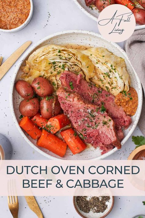 Slow-cooked to perfection, this Dutch Oven Corned Beef and Cabbage Recipe is the ultimate comfort food. Enjoy tender beef, crisp cabbage, and flavorful broth in just one pot! Dutch Oven Corned Beef And Cabbage, Corn Beef And Cabbage Recipe Dutch Oven, Corned Beef Recipes Dutch Oven, Dutch Oven Corned Beef, Cooking Corned Beef, Corned Beef Brisket, Corned Beef Recipes, Carrots And Potatoes, Corn Beef And Cabbage