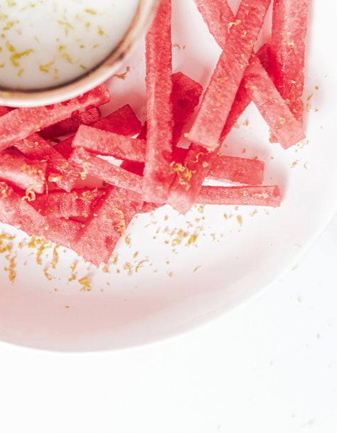 Watermelon Fries with Tangy Lime Coconut Dip – Beijos Events Coconut Lime Dip, Coconut Dip, Watermelon Fries, Lime Dip, National Watermelon Day, Healthy Summer Snacks, Watermelon Day, Refreshing Snacks, Watermelon Rind