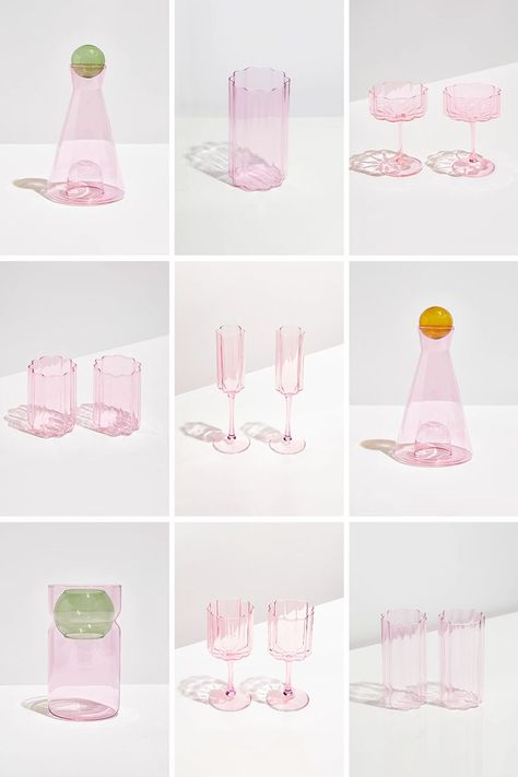 Fazeek Home, Pink Glass Decor, Ceramic House Decor, Colourful Room Decor, Fazeek Glassware, Colourful Cocktail Glasses, Pink Drinking Glasses, Beauty Branding Design, Pink Glass Carafe