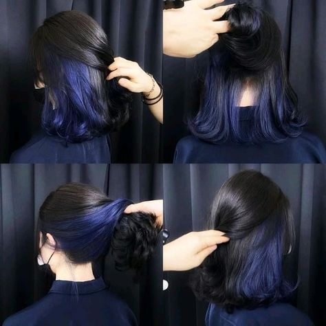 Hair Color Underneath Blue, Underneath Blue Hair, Blue Hair Underneath, 2022 Hair Color, Under Hair Color, Blue Hair Highlights, Hidden Hair Color, Short Hair Blue, Peekaboo Hair Colors