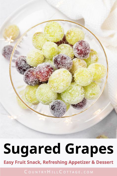 bowl of sugared grapes Sugared Grapes How To Make, Sugar Grapes How To Make, Sugar Coated Grapes, New Years Grapes, Frosted Grapes Recipe, Coated Grapes, Sugar Coated Fruit, Sugar Grapes, Prosecco Grapes