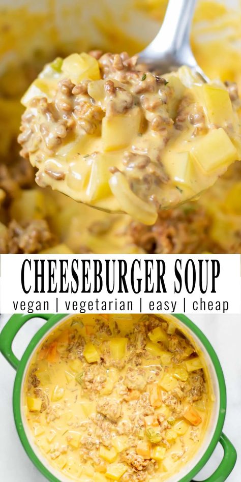 Vegan Cheeseburger Soup, Vegan Budget Recipes, Vegetarian And Dairy Free Recipes, Vegan Cheeseburger Casserole, Vegetarian Fall Soups, Lazy Vegan Dinner, Vegan Impossible Meat Recipes, Vegan Creamy Soup, Ground Beef Recipes Dairy Free