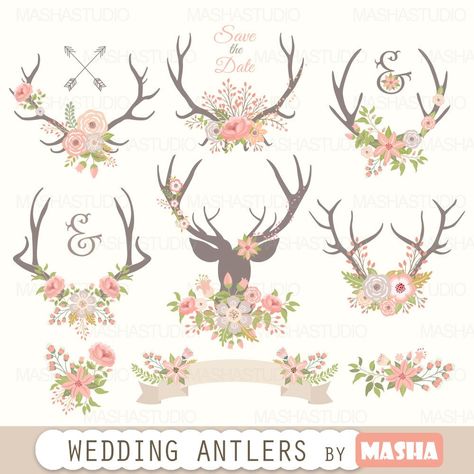 Antlers clipart: WEDDING ANTLERS CLIPART with | Etsy Flower Antlers, Band Banner, Create Wedding Invitations, Floral Antlers, Antler Wedding, Ribbon Banner, Drawing Clipart, Wedding Clipart, Art Pink