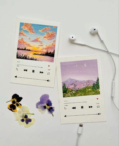 Painted Poloroid Pictures Ideas, Spotify Watercolor, Spotify Bookmark, Spotify Painting Ideas, Small Painting Ideas Aesthetic, Mini Watercolor Painting, Card Painting Ideas Acrylic, Polaroid Pictures Drawing, Kpop Painting Ideas Easy