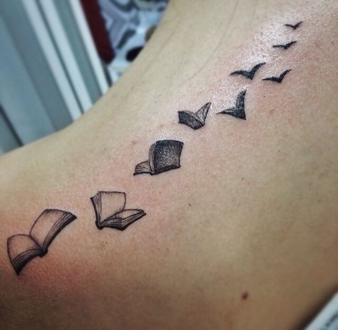 Books Flying, Books Tattoo, Cute Books, It Tattoo, Crow Flying, Bookish Tattoos, Flying Tattoo, Birthday Tattoo, Cat Tat