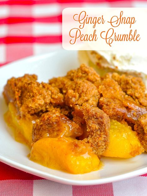 Ginger Snap Peach Crumble. A perfect summer dessert! or use frozen peaches in winter. The flavours of ginger & peach go amazingly well together in this deliciously different peach crumble. Comfort Food Desserts, Frozen Peaches, Peach Crumble, Baked Peach, Rock Recipes, Ginger Peach, Peach Crisp, Ginger Snap Cookies, Ginger Snap