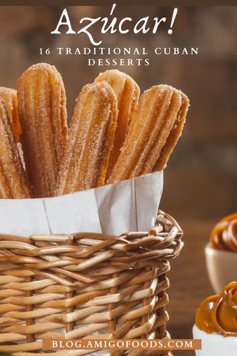 The Churro serves the taste buds in three different ways. You’ve got bread dough, fried in oil, and then sprinkled with cinnamon sugar, a sweet and savory treat that hits you just right. Some Cubans enjoy this delicious treat as is. But others find it even more enjoyable dipped in hot chocolate, or stuffed with dulce de leche or condensed milk. #cubanfood #cuba #churros #dessert #amigofoods Cuban Churros Recipe, Cuban Desserts Easy, Carribean Desserts, Churros Dessert, Cuban Bakery, Cuban Desserts, Sweet Potato Pudding, Cuban Bread, Potato Pudding