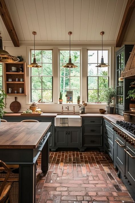 Mountain Inspired Kitchen, Kitchen With Many Windows, 2 Room Kitchen Layout, Kitchen With Outside Door, Country Design Interior, Castle Inspired Kitchen, Old Home Kitchen Remodel, Moody Rustic Kitchen, Practical Kitchen Design