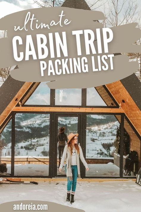 Planning a cabin trip? Make sure you pack everything on this list! From clothes and gear to food and entertainment, we've got you covered. Also don't forget to download our free printable cabin trip packing list before you go! Follow this board for the best travel tips and tricks! Cabin Things To Bring, Big Bear Trip Essentials, Packing For Mountain Trip, Cabin Essentials Packing Lists, Outfits For Cabin Trip, Cabin Trip Outfit Spring, Cabin Getaway Packing List, Mountain Vacation Packing List, Cabin Weekend Food