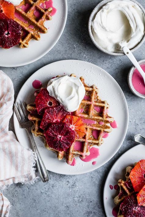 Fluffy and crispy gluten-free chamomile waffles made gluten-free drizzled with hot pink blood orange glaze. These sweet floral waffles are perfect for Valentine's Day, Mother's Day, or any Sunday brunch! Orange Glaze, Food Photography Inspiration, Waffle Recipes, Pancakes And Waffles, Breakfast Brunch Recipes, Breakfast Time, Sweet Breakfast, Healthy Breakfast Recipes, Blood Orange