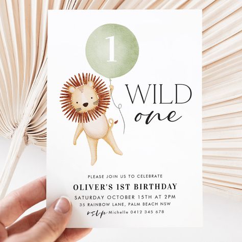 Green 1st Birthday Party, First Birthday Boy Safari, One Wild Year 1st Birthday, Wild One Birthday Party Boys, One Year Old Birthday Party Boy, Lion 1st Birthday, Wild One Invitation, Lion Party, Birthday Party Boy