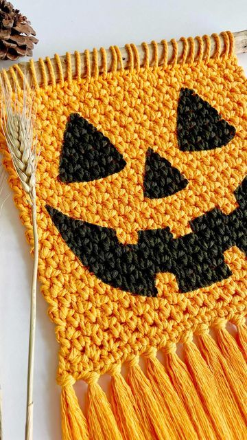 Crochet Halloween Wall Hanging Pattern, Crochet Fall Wall Hanging, Crochet Halloween Wall Hanging, Thanksgiving Macrame, Crochet Seasonal, Crochet Tapestries, Halloween Macrame, Happy Spooky Season, Halloween Wall Hanging