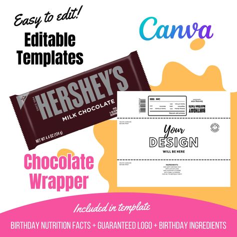 Chocolate Wrapper Template Canva Editable | DIY Graduation Party Favor | Birthday Nutrition Facts, Guaranteed Logo, Ingredients Included Aldi Chocolate Wrappers Template Free, Customized Chocolate Wrappers, Diy Graduation Party, Custom Hershey Bar Wrapper, Personalized Candy Wrappers, Personalized Candy Bar Wrapper, Chocolate Wrapper, Graduation Party Diy, Diy Graduation