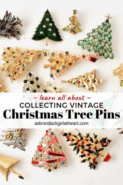 Learn all about collecting vintage Christmas tree pins adirondackgirlaheart.com Christmas Pins Diy, Broach Tree, Jewelry Tree Diy, Holiday Blessings, Antique Christmas Decorations, Christmas Planter, Christmas Booth, Christmas Jewelry Diy, Vintage Jewelry Ideas