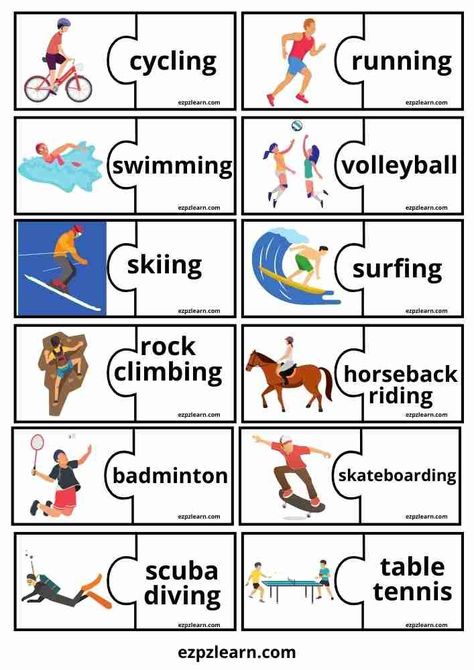 Free Printable Puzzle Match Game Topic Sports For Kids ESL Resource Sports For Kids Activities, Sports Worksheets For Kids, Sport Activities For Kids, Sport Games For Kids, Sports Flashcards, Language Games For Kids, Sport For Kids, Sports For Kids, Sport English