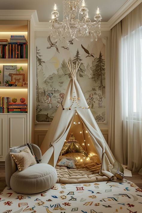 Magical Children's Room Makeover: Cozy Play Tent & Whimsical Decor! Toddler Bedroom Forest, Bedroom Teepee, Nursery Teepee, Room Tent Ideas, Rich Playroom, Teepee Reading Nook, Children Reading Corner, Tent For Kids, Fairy Kids Room