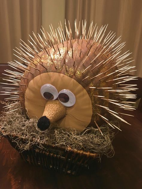 Pumpkin Contest Porcupine!  No carve decorating Contest  Winner! Used 300 toothpicks, styrofoam nose, paint, googly eyes. Porcupine Pumpkin Ideas, Painted Pumpkin Competition, Pumpkin Painting Creative Ideas, Styrofoam Pumpkin Decorating, Pumpkin Contest Winners No Carve, Porcupine Pumpkin Decorating, Pumpkin Contest No Carve, Pineapple Pumpkin Painting, Pumpkin Contest Ideas No Carve Winners