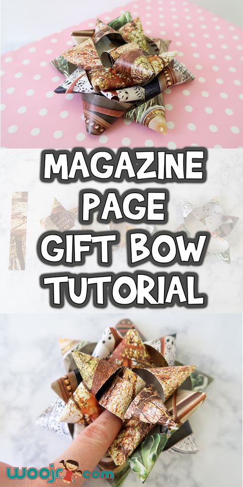 Recycled Magazine Page Gift Bow Tutorial Gift Bow Tutorial, Recycled Crafts Kids Projects, Old Magazine Crafts, Recycled Magazine Crafts, Recycled Journal, Recycled Paper Crafts, Recycled Crafts Kids, Recycled Magazine, Recycled Magazines