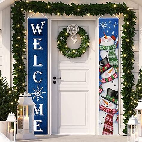 Package Included: You will receive 2 Christmas snowman banners, 1 x welcome banner sign, 1 x snowman banner sign, each sign measures 30 x 180 cm / 71 x 12 inches, is large enough for most door decoration and add a festive vibe to a Christmas winter party. Exquisite Design: The Christmas porch sign banners are in blue as the main color, one of them is printed with a welcome sign, the other is a cute snowman design, and is dotted with snowflakes, adding a strong winter festive atmosphere. Winter Porch Decorations, Front Door Hanging, Outdoor Holiday Party, Xmas Snowman, Christmas Snowflakes Decorations, Winter Porch, Christmas Holiday Party, Christmas Front Doors, Winter Snowman