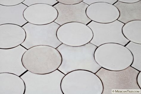 Mexican Tile - Tierra Floor Tile - Circle Ivory Circle Floor Tile, Mexican Tile Floor, Circle Tiles, Tile Artwork, Mid Century Ranch, Handcrafted Tile, Round Tiles, Red Tiles, Sanded Grout