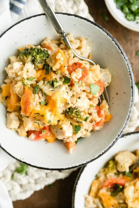 Chicken Veggie Rice Casserole, Creamy Chicken Rice Casserole, Cheesy Chicken And Rice Casserole, Chicken And Rice Casserole Recipe, Cheesy Chicken And Rice, Real Food Dietitians, Chicken And Rice Casserole, Veggie Casserole, Casserole Easy