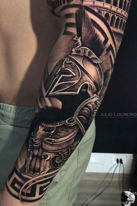 Cartoon Forearm Tattoo Men, Spartan Tattoo Forearm, Spartan Tattoo Sleeve, 300 Spartans Tattoo Ideas, Zeus Tattoos, Spartan Tattoos, Spartan Warrior Tattoo, Sparta Tattoo, Hercules Tattoo