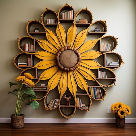 Sunflower Bookshelf - I Love Sunflowers Interior Design Your Home, Bookcase Decor, Home Library Design, Art Decor Diy, Diy Outdoor Decor, Craft Room Decor, Cozy Room Decor, Book Case, Design Your Home