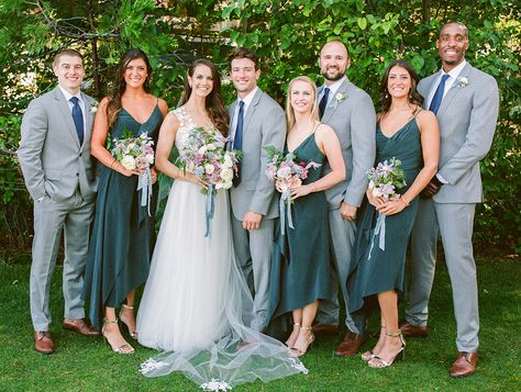 wedding party gray tuxedo blue-green dresses Gray And Emerald Wedding, Grey Suit Blue Tie, Blue Green Wedding Colors, Tuxedo Blue, Castle Wedding Venues, Gray Tuxedo, Grey Tux, Wedding Castle, Navy Suit Wedding