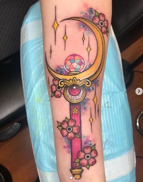 Sailor Moon Forearm Tattoo, Sailor Moon Sleeve Tattoo, Sailor Moon Tattoo Wand, Moon Stick Tattoo, Sailor Moon Wand Tattoo, Scepter Tattoo, Stab Tattoo, Sailor Moon Tattoo Ideas, Ny Tattoo