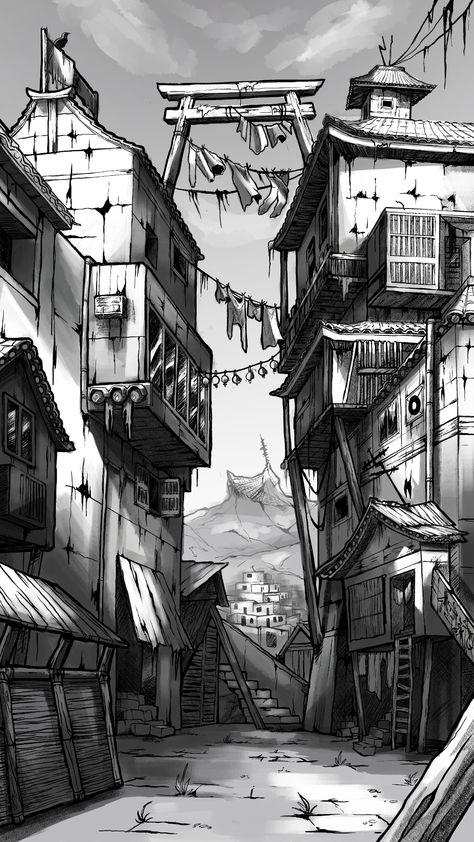 ArtStation - Linework: Japanese fantasy slums, Charlotte De Geeter Fantasy City Slums Concept Art, Slum City Concept Art, Slums Fantasy Art, Fantasy Slums Concept Art, Fantasy City Slums, Walled City Fantasy Art, Slums Illustration, Slums Concept Art, Slums Drawing