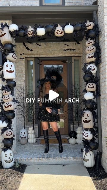 Kristin Miller | Creator | Dallas, TX on Instagram: "DIY Pumpkin Arch for Halloween🎃Comment “tutorial” to get links you need to make this sent directly to your DMs! Details below on how we built our halloween pumpkin arch for our porch this year! Follow along to see how I update the arch this year + head to @malloryleerichardson page to see how she styled hers! Share & share with a halloween-loving friend✨  Supplies for the arch: * (3) 10 ft. 1-inch PVC pipes * (2) PVC elbows to secure the PVC together * (2) 4-ft. rebar * zipties   Paint colors used: * French beige, Rust-Oleum * Semi-gloss white, Rust-Oleum  Once your frame is built and secure, drill 2 holes in the back of each pumpkin. Thread your ziptie through and secure them to your PVC pipe. Add your garland and lights! Inspo: @steph Pvc Pipe Arch Diy, Pool Noodle Halloween Arch, Diy Halloween Pillars, Diy Pumpkin Arch, Halloween Archway Diy, Pool Noodle Halloween, Pumpkin Arch, Diy Arch, Arch Entryway