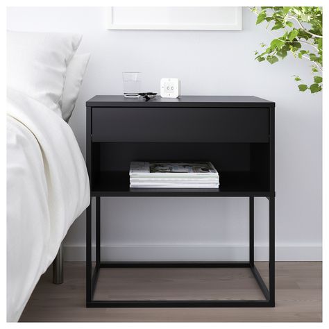 VIKHAMMER Bedside table Black 60x39 cm - IKEA Black Bedside, Black Nightstand, Black Bedside Table, Прикроватные Тумбочки, Ikea Bedroom, Painted Drawers, Traditional Bedroom Decor, Bedside Tables, Decorating On A Budget