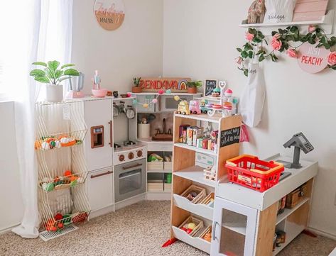 Toy Room Kitchen Ideas, Playroom Ideas With Kitchen, Playroom Shop Ideas, Playroom With Grocery Store, Play Kitchen And Market, Kitchen In Playroom, Playroom Kitchen And Market, Play Kitchen Ideas Playrooms, Playroom And Dining Room Combo