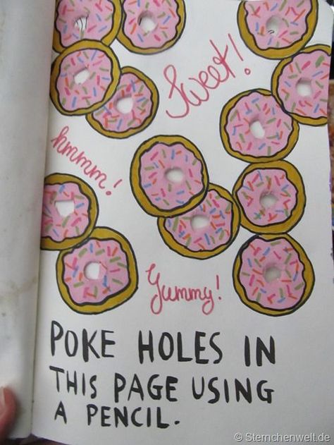 Wreck this Journal - Poke holes in this page using a pencil #wreckthisjournal Wreak This Journal Pages, Wreck This Journal Everywhere, Wreck Journal, Keri Smith, How To Bullet Journal, Create This Book, Smash Journal, Journal Idea, Wreck This Journal