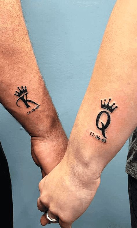 Couple Tattoo King And Queen, Couple Tattoos King And Queen, Small Husband And Wife Tattoos, Matching Husband And Wife Tattoos, Opposite Matching Tattoos, Queen Tattoo Ideas, King And Queen Tattoo, King Queen Tattoo, Queen Tattoo Designs