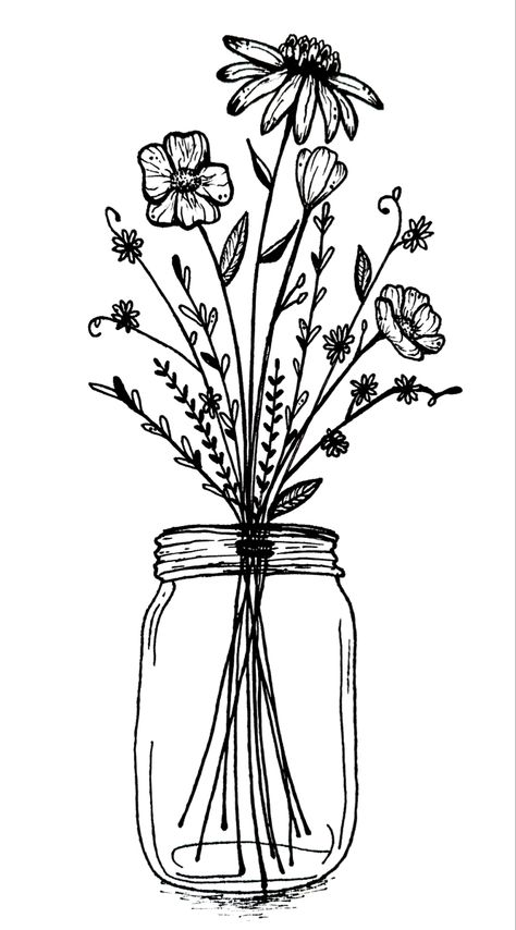 Drawing of Wildflowers inside a clear mason jar Mason Jar Tattoo, Watercolor And Sharpie, Wildflower Drawing, Sharpie Drawings, Pen And Ink Drawings, Freehand Drawing, Wildflower Tattoo, Fine Point Pens, Lino Art