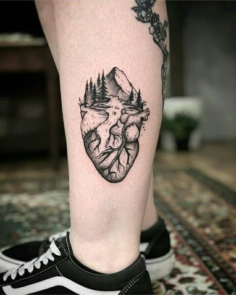 Moutain Tattoos, Anatomical Tattoos, Anatomical Heart Tattoo, Small Couple Tattoos, Hiking Tattoo, Explore Tattoo, Forest Tattoos, Inspiration Tattoos, Heart Tattoo Designs