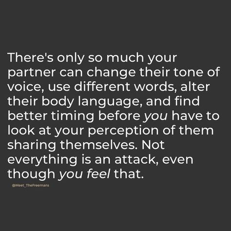 “The Couple that Coaches Couples” on Instagram: "Some partners really struggle to: •BE WITH emotion…without it making you feel bad •hear feedback as feedback, without it being an attack on your character •be receptive to hearing their needs, without it meaning you’re failing with everything else We need to be aware of our PERCEPTION in a relationship. Meaning, how do you view (and therefore respond) to certain actions, feelings, words, etc. If it keeps being about your partner PERFECTING thei Feeling Disconnected Quotes Relationships, Feeling Unheard In A Relationship, Disconnected Quote, Relationship Reminders, Life Partner Quote, Partner Quotes, Big Energy, Relationship Meaning, Social Quotes