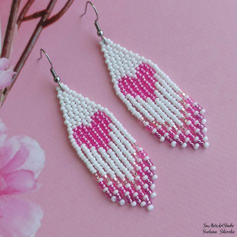 Valentine Bead Earrings Romantic Seed Bead Earrings Dangle - Etsy Canada Native American Seed Bead Bracelet, Seed Bead Heart Earrings, Short Beaded Earrings, Pink Seed Bead Earrings, How To Bead Earrings, Valentines Beaded Earrings, How To Make Seed Bead Earrings, How To Make Beaded Earrings Tutorials, Seed Bead Patterns Free Earrings