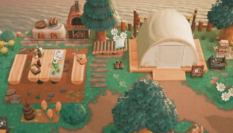 Animal Crossing Island Inspiration Campsite, Camp Ideas Animal Crossing, Animal Crossing Camp Ideas, Animal Crossing Island Decoration, Acnh Campsite Designs Cottagecore, Anch Camping Ideas, Animal Crossing Island Decor, Acnh Simple Ideas, Animal Crossing Inspiration Island