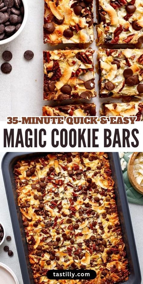 These Magic Cookie Bars are a classic dessert that everyone loves. They have a graham cracker crust, a gooey layer of sweetened condensed milk, the rich taste of chocolate morsels, sweetened flaked coconut, and crunchy toasted pecans 7 Layer Cookie Bars Condensed Milk, Eagle Brand Recipes Condensed Milk Magic Cookie Bars, Magic Cookie Bars Eagle Brand, New Years Dessert Ideas Easy, Desserts With Sweetened Condensed Milk, Easy Bars Recipes, Eagle Brand Magic Cookie Bars, Magic Cookie Bars Recipe, Magic Cookie Bar