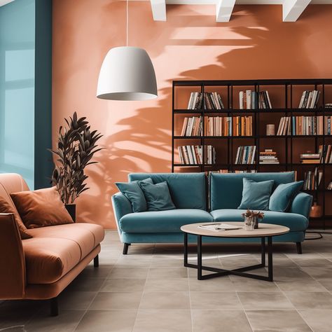 Terracotta et bleu : une association tendance pour sa déco ! Blue And Terracotta Living Room, Teal Hallway, Terracotta Interior Design, Terracotta And Blue, Terracotta Living Room, Light Blue Decor, Navy Blue Sofa, Living Room Turquoise, Teal Sofa