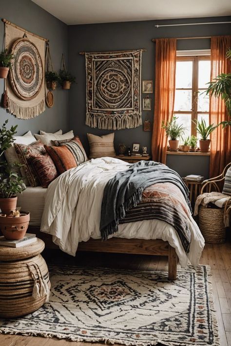 Small Boho Guest Bedroom, Small Bedroom With Dark Walls, Boho Western Guest Bedroom, Cozy Boho Bedroom Inspiration, Tiny Master Bedrooms Decor, Boho Master Bedrooms Decor, Boho Guest Bedroom Ideas, Bedroom Ideas With Plants, Boho Guest Bedroom