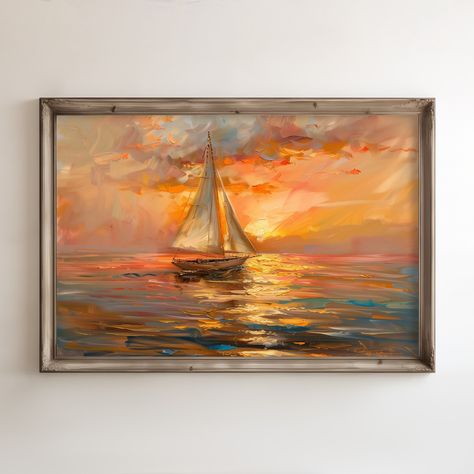 Sailboat Sunset, Sunset Landscape Painting, Sailboat Painting, Sunset Wall Art, Painting Vintage, Sunset Landscape, Vintage Landscape, Landscape Wall Art, Landscape Painting