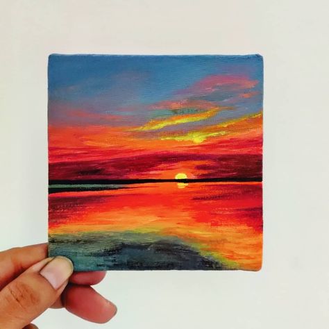 Acrylic paints on canvas Sunset Sky Painting, Acrylic Sunset, Paints On Canvas, Tiny Paintings, Paintings Tutorials, Small Canvas Paintings, Canvas Painting Designs, Art Painting Gallery, Sky Painting