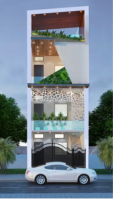 Small Home Elevation, 20 Ft Front Elevation, 4 Floor Building Elevation, Front Yard Landscaping Modern, Home Front Elevation Indian, Front Elevation Tiles Design, Elevation Tiles Design, Front Elevation Tiles, Arc Interior